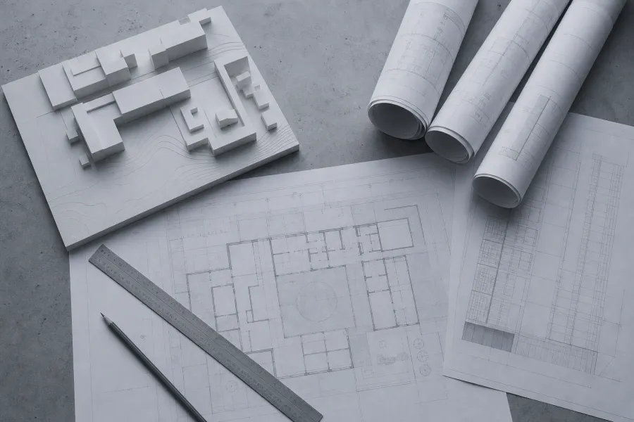 Architects and planners — blueprints and a massing model on a desk