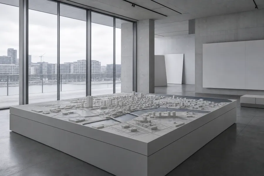Municipalities — a public info centre with an urban masterplan model