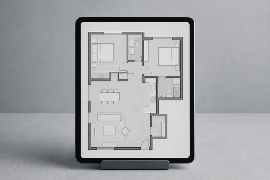Tablet showing an interactive apartment unit floor plan