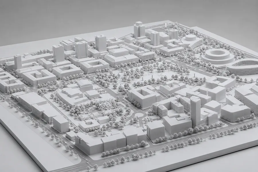 Physical 3D-printed masterplan scale model of an urban district