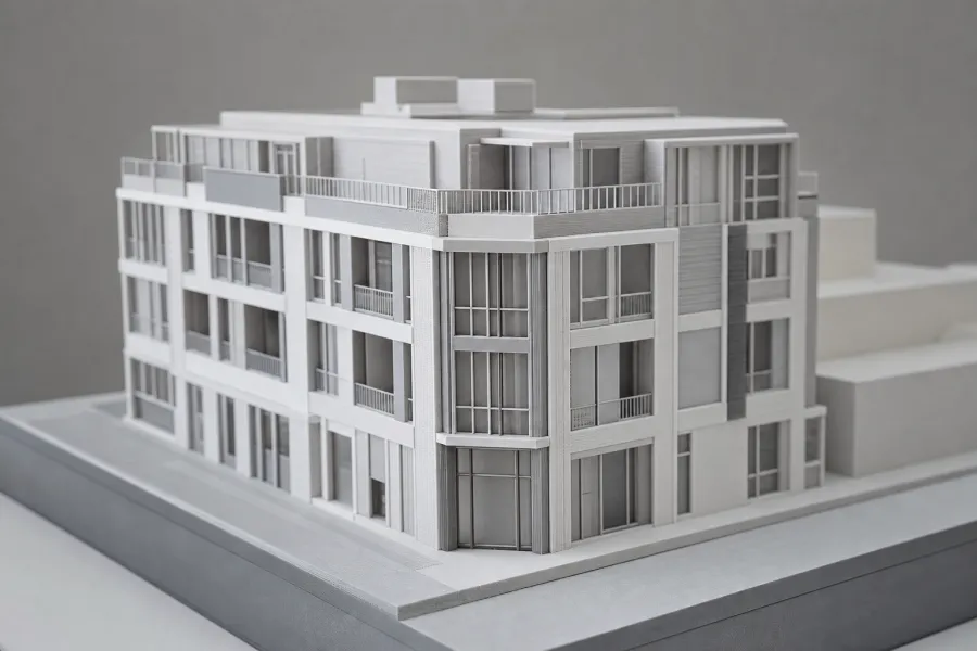 Detailed physical scale model of a single building on a plinth
